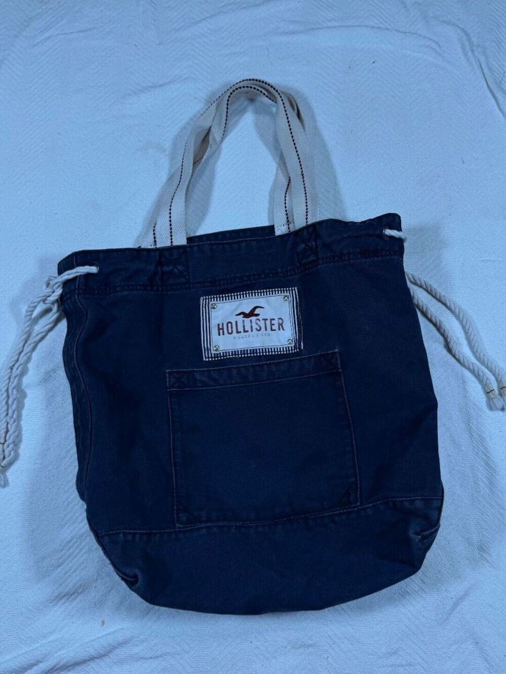 Y2K Hollister Navy Blue Canvas Cotton Tote Bag With Chunky Label